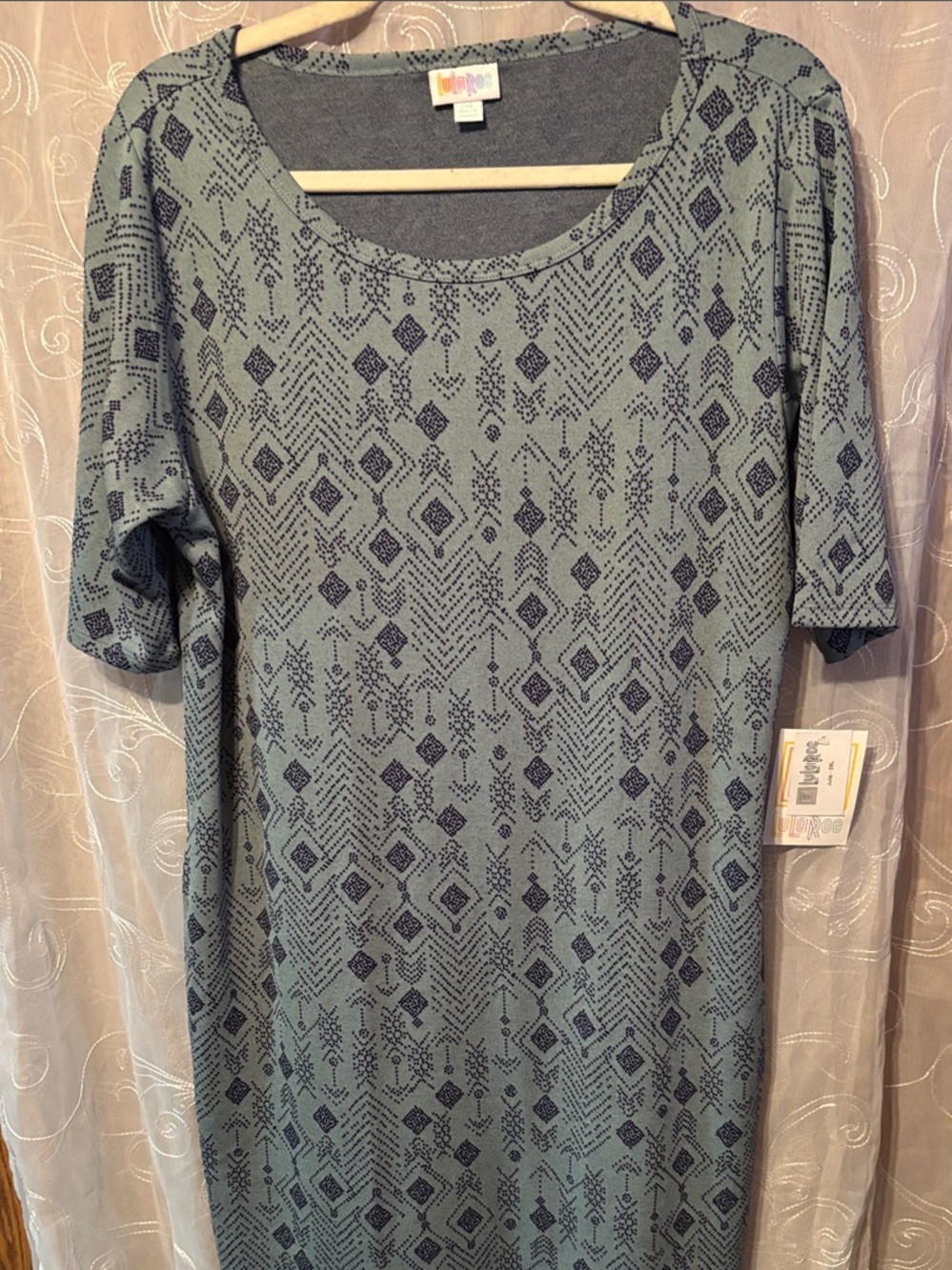 LuLaRoe Scoop-Neck Mid-Length Dress in Sage with Navy Print